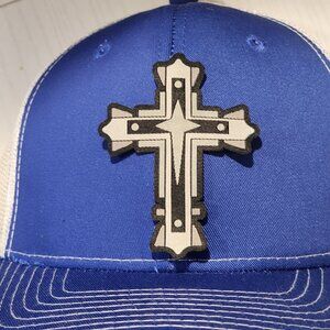 Cross Patched Royal Blue/White Mesh Snapback Trucker Hat